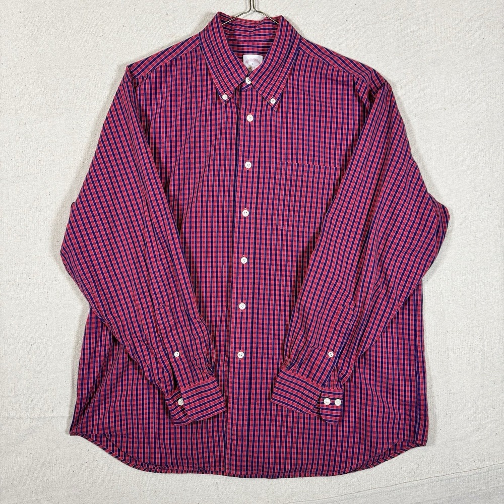 Brooks Brothers 346 Button Down Oxford Shirt Red Blue Plaid Long Sleeve Large